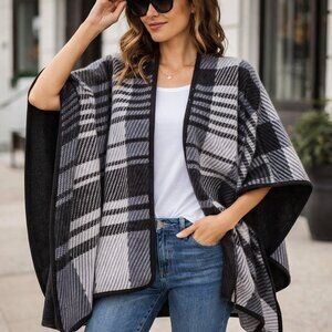 IKE BEHAR Black & White Plaid Shawl Wrap – One Size Fits All